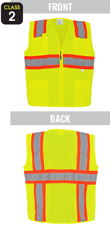 GLO-003 - FrogWear® - ANSI class 2 yellow/green surveyor's safety vest, solid front, lightweight mesh polyester back, 3M™ reflective material, zipper closure, four front pockets.