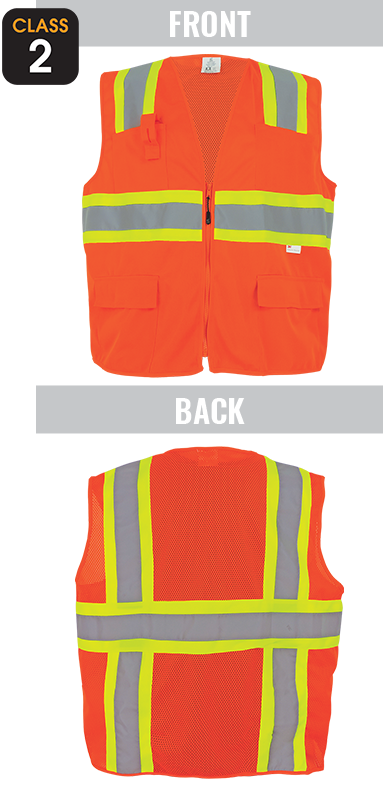 GLO-004 - FrogWear® - ANSI class 2 orange surveyor's safety vest, solid front, lightweight mesh polyester back, 3M™ reflective material, zipper closure, 4 pockets.